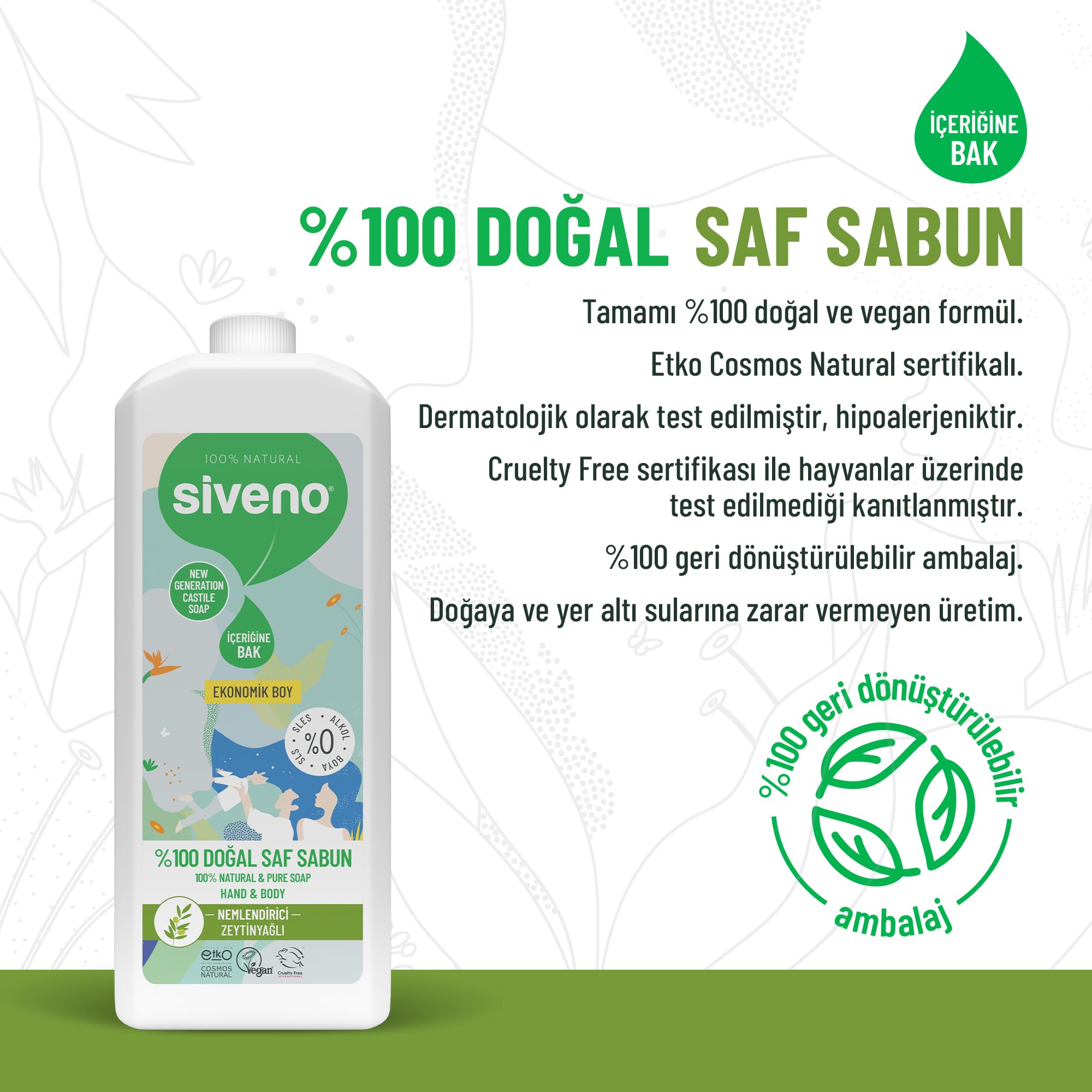 Siveno%100 Doğal Sıvı Kastil Sabun Zeytinyağlı Yoğun Nemlendirici Arındırıcı Bitkisel Vegan 1000 ml