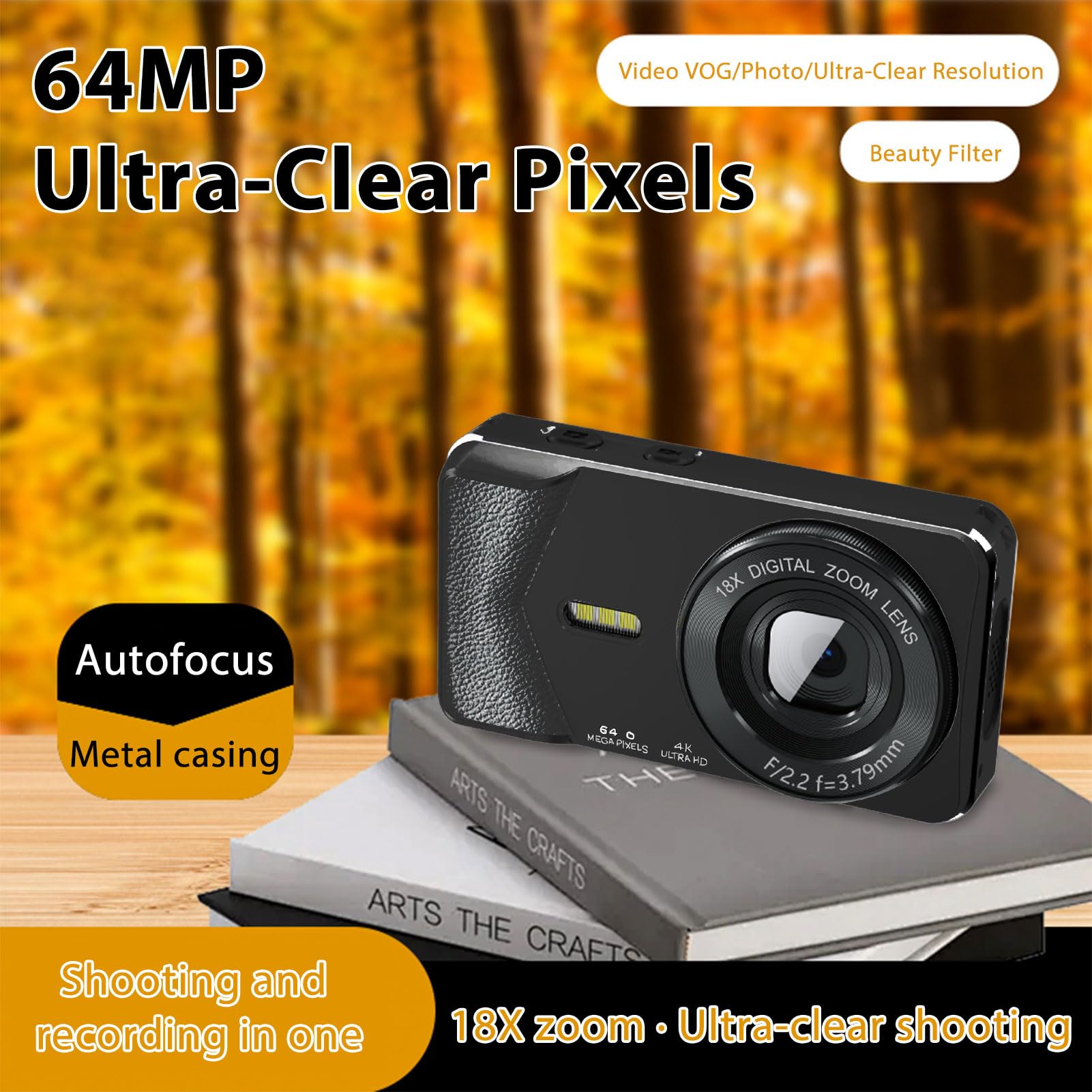 Andoer Cámara Digital 4K 64MP Zoom 18X Cámara de Fotos Profesional con Pantalla LCD 2.8 Pulgadas Estabilización Inteligente y Tipo-C para Principiantes Viajes y Selfies (Negro)