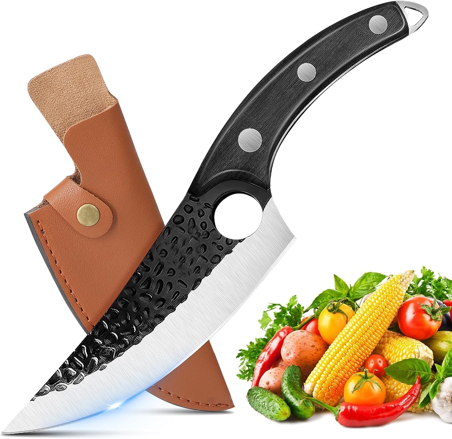 ZENG Butcher Knife Hand Forged Boning Knife with Sheath Viking Style, High Carbon Steel Japanese Chef Knife Meat Cleaver Knife for Kitchen, Camping, Outdoor, BBQ