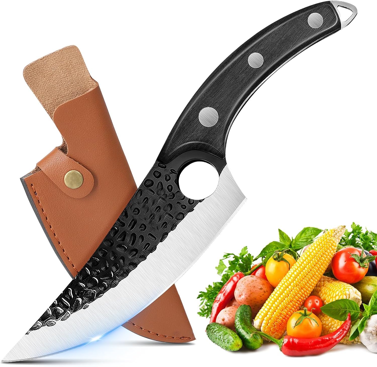 ZENG Butcher Knife Hand Forged Boning Knife with Sheath Viking Style, High Carbon Steel Japanese Chef Knife Meat Cleaver Knife for Kitchen, Camping, Outdoor, BBQ