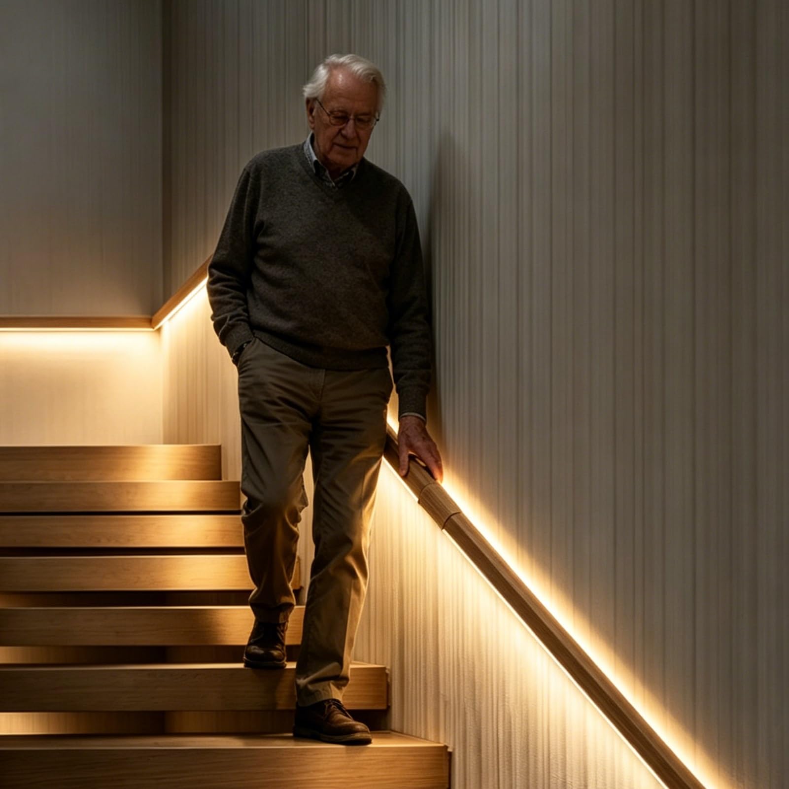LED Lighting Aluminum Staircase Handrails, Wood Grain Stair Handrail with Motion Sensor, Illuminated Round Railing Grab Bar for Indoor Stairs(Right Bottom,250cm/98.4in)