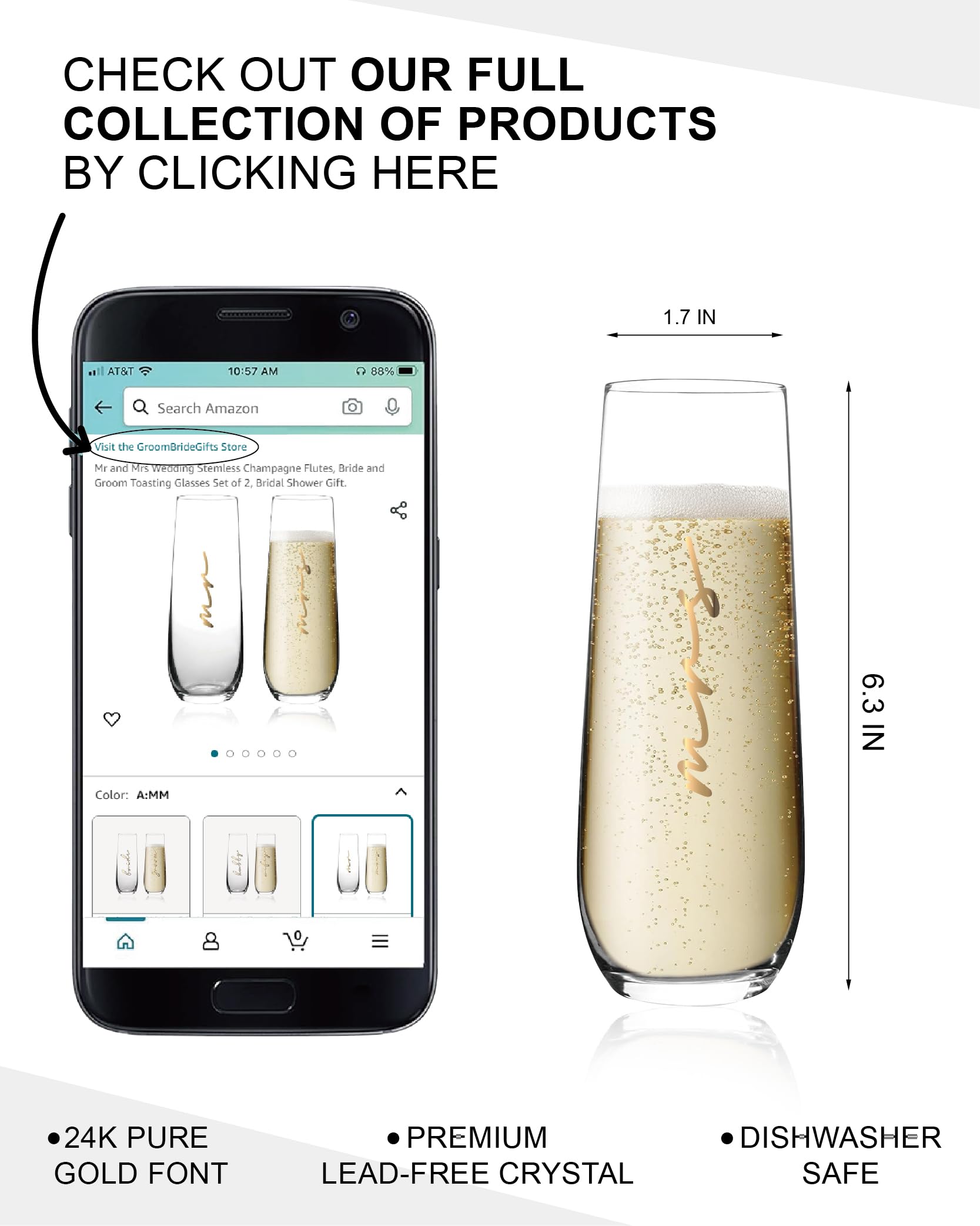 GroomBrideGifts Mr and Mrs Champagne Flutes Set of 2, Bride and Groom Champagne Glasses,Wedding Bridal Shower Gifts - Image 2