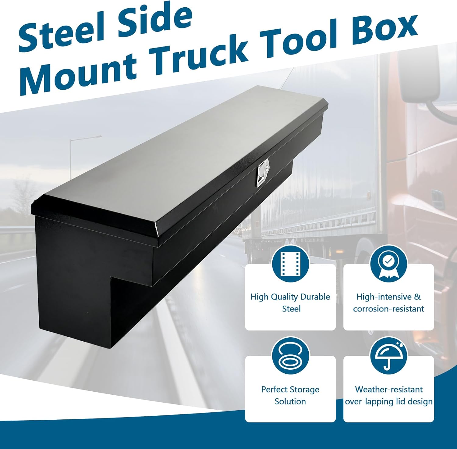 60'' Inch Steel Heavy Duty Side Mount Truck Tool Box Pick Up Truck Bed RV Trailer Toolbox Storage Organizer with Side Handle, Lock & Keys，Black(60"X8"X14")