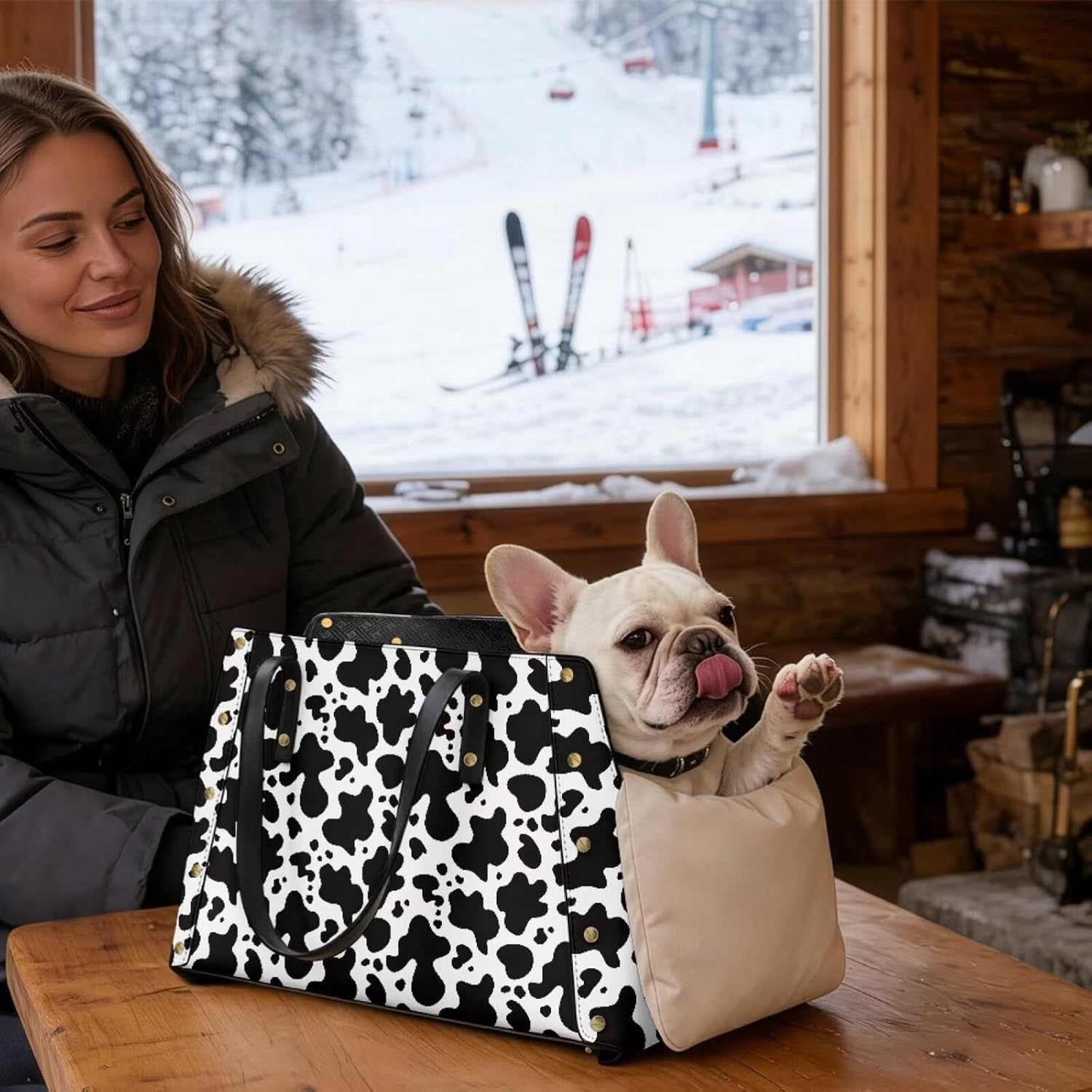 Cow Print Dog Purse Carrier, Waterproof Leather Pet Carrier Purse, Portable Dog Bag Carrier Tote Purse with Cushion