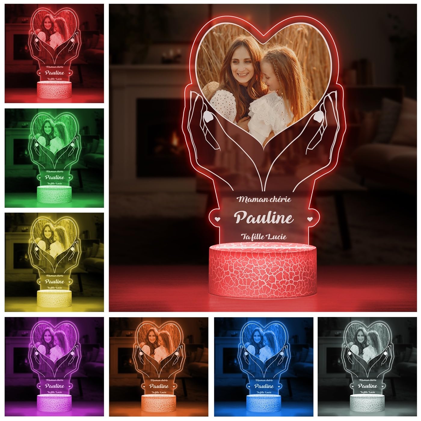 Maverton Lampe LED Personnalisée Pour Maman - Lampe Photo Personnalisé - Cadeau Personnalisé Fete des Meres - Cadeau Maman Anniversaire - Plaque Acrylique 22x15cm avec Socle Lumineux - coeur