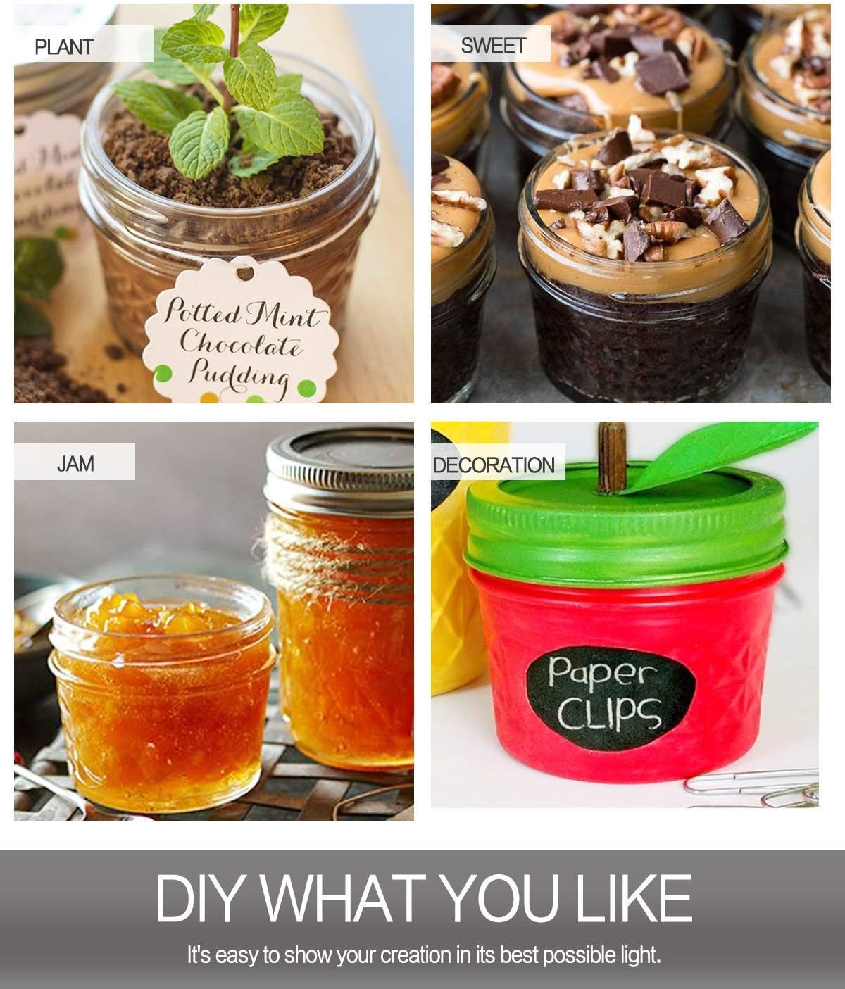 VERONES 15 PACK 12 OZ Mason Jars & 25 PACK 4 OZ Mason Jars Jelly Jars With extra 20 Regular Lids, Ideal for Jam, Honey, Wedding Favors, Shower Favors, Baby Foods