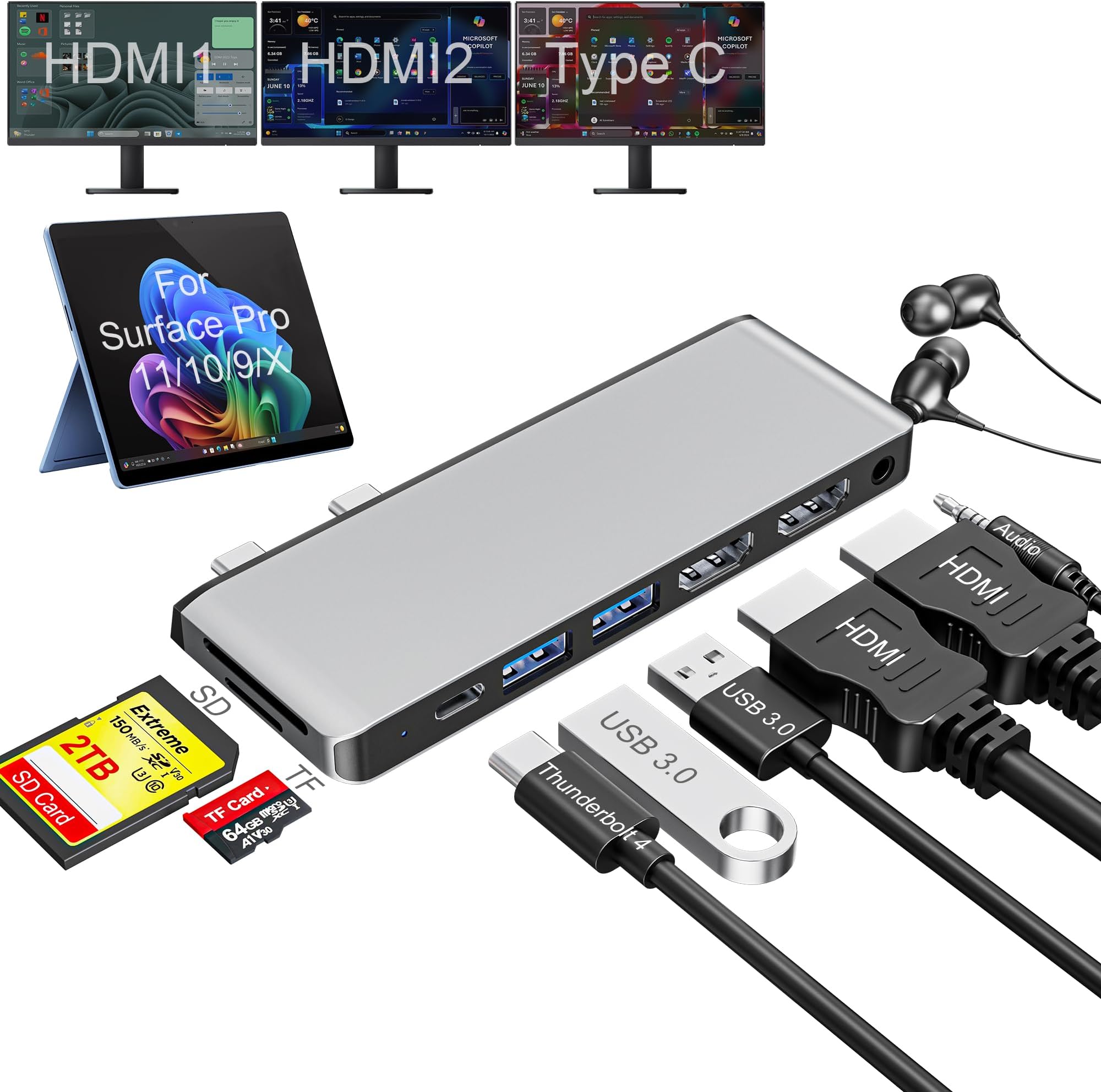 Surface Pro 9/10/11/X Docking Station, Quad Display Surface pro 11 USB Hub with Dual 4K@60Hz HDMI, USB-C (4K@60Hz Video+40Gbps Data+100W Charge), 2 USB3.0, SD/TF, 3.5mm Mic for Surface Pro 11/10/9/X