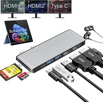 Surface Pro 9/10/11/X Docking Station, Quad Display Surface pro 11 USB Hub with Dual 4K@60Hz HDMI, USB-C 4K@60Hz Video+40Gbps Data+100W Charge, 2 USB3.0, SD/TF, 3.5mm Mic for Surface Pro 11/10/9/X