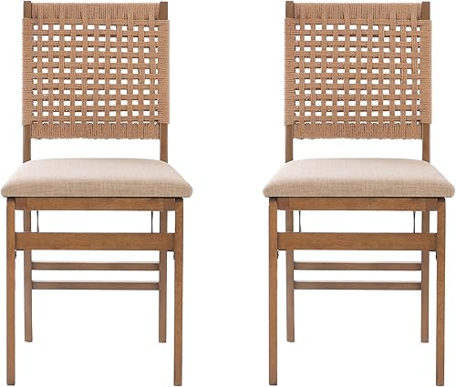 Miniatura 13 de Bennett - Juego de 2 sillas plegables naturales con respaldo de cuerda tejida y asiento tapizado de lino Linon