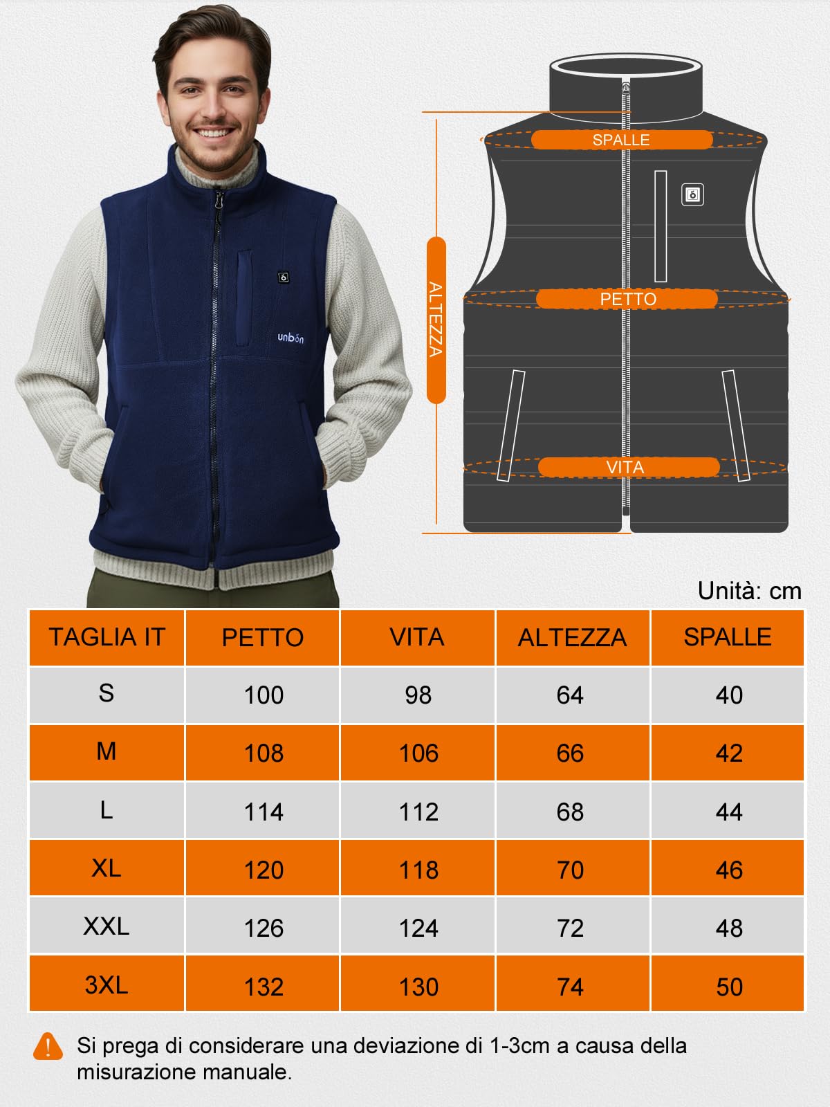 UNBON Gilet Riscaldato Uomo con Batteria USB 10000mAh, Giubbotto Riscaldato Uomo con 3 Temperatura 6 Zone di Calore, Gilet Riscaldante Pile Elettrico, Giacca Riscaldata per Moto Caccia, Blu, S