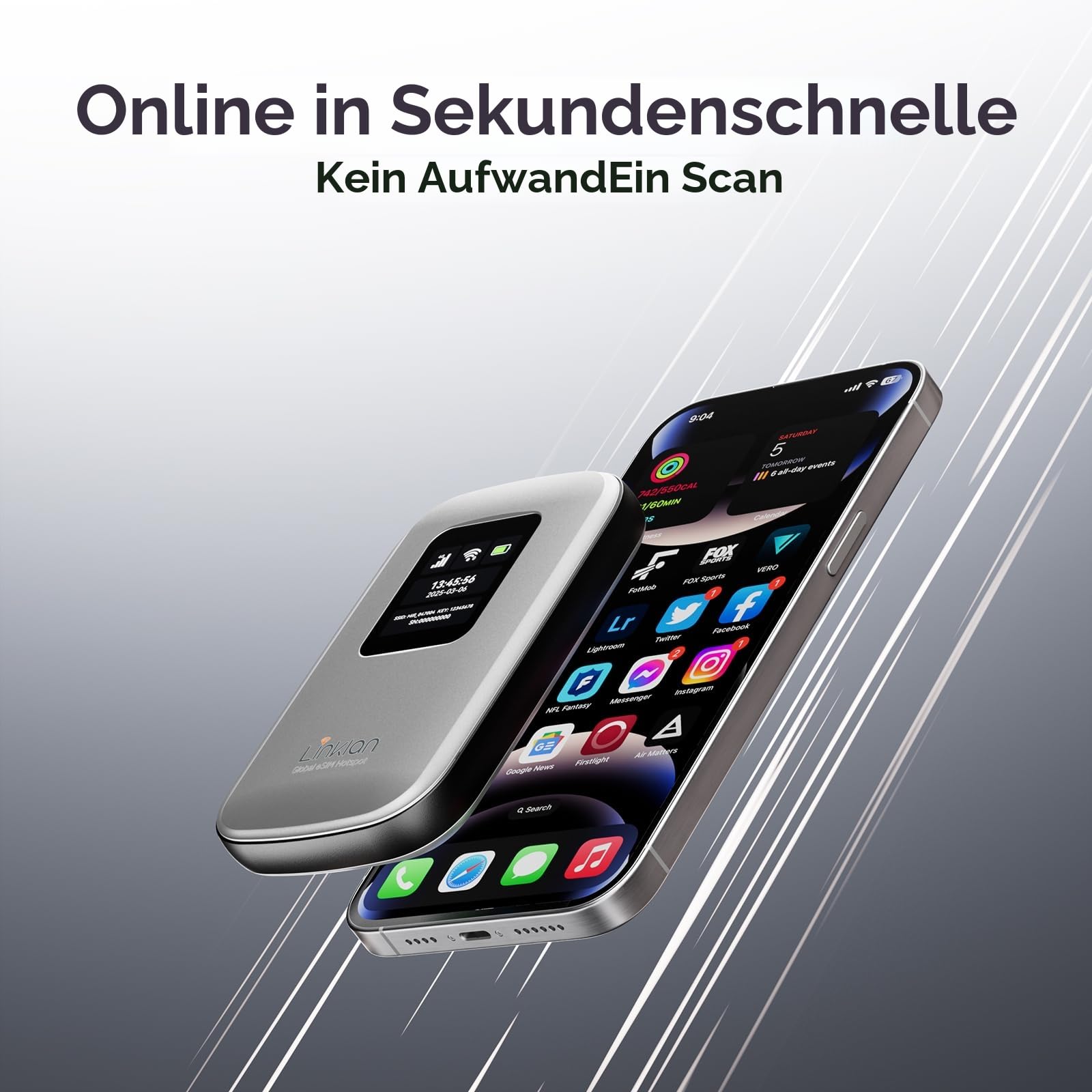 Tragbarer mobiler Hotspot – eSIM-fähiger globaler WLAN-Hotspot, Keine SIM-Karte/kein Vertrag erforderlich, 16 Geräte, über 180 Länder, kompakter WLAN【15 Tage kostenloses 5G-Datenvolumen in Europa】
