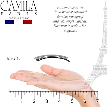 Camila Paris CP3375 French Hair Barrettes Clips for Women, Handmade, Girls Side Slide-in Barrette Clip, Hair Accessories for Women. Strong Hold No Slip Grip Fashion Durable Styling, Made in France
