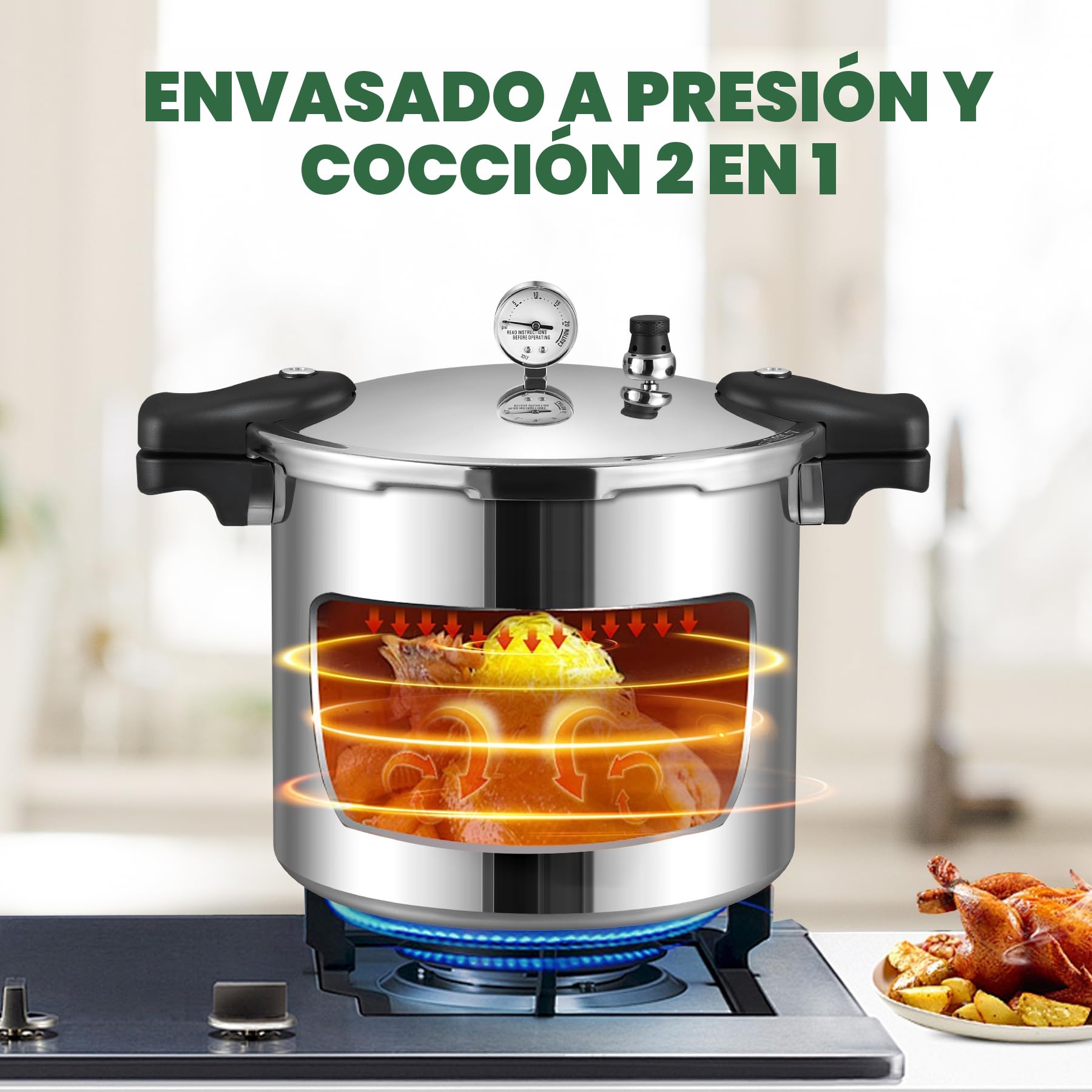 Huanyu Olla a Presión 22L con Manómetro y Peso de Presión 15PSI Esterilizador de latas con base de aleación compatible con cocinas de inducción y gas Conservas a presión