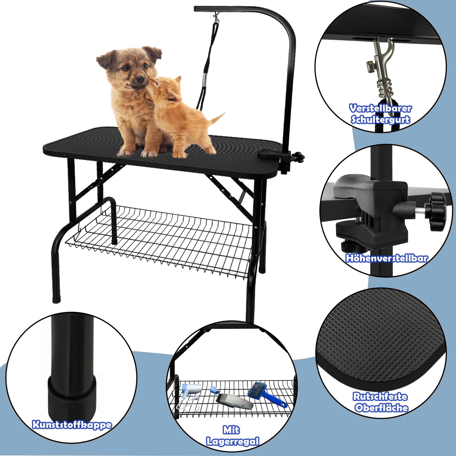 SUBTLETY Mesa de corte para perros y gatos, mesa plegable para el cuidado de mascotas, con correa giratoria de 360° y 1 bucle, altura ajustable, mesa para el cuidado de perros, mesa de peluquería para