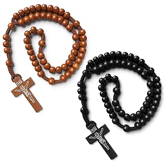 2Pcs Wooden Bead Rosary Necklace - Handmade Wooden Crosses Pendant Necklace Jesus Cross Necklace for Men & Women, Tan & Black Cross Necklaces with Adjustable Chain
