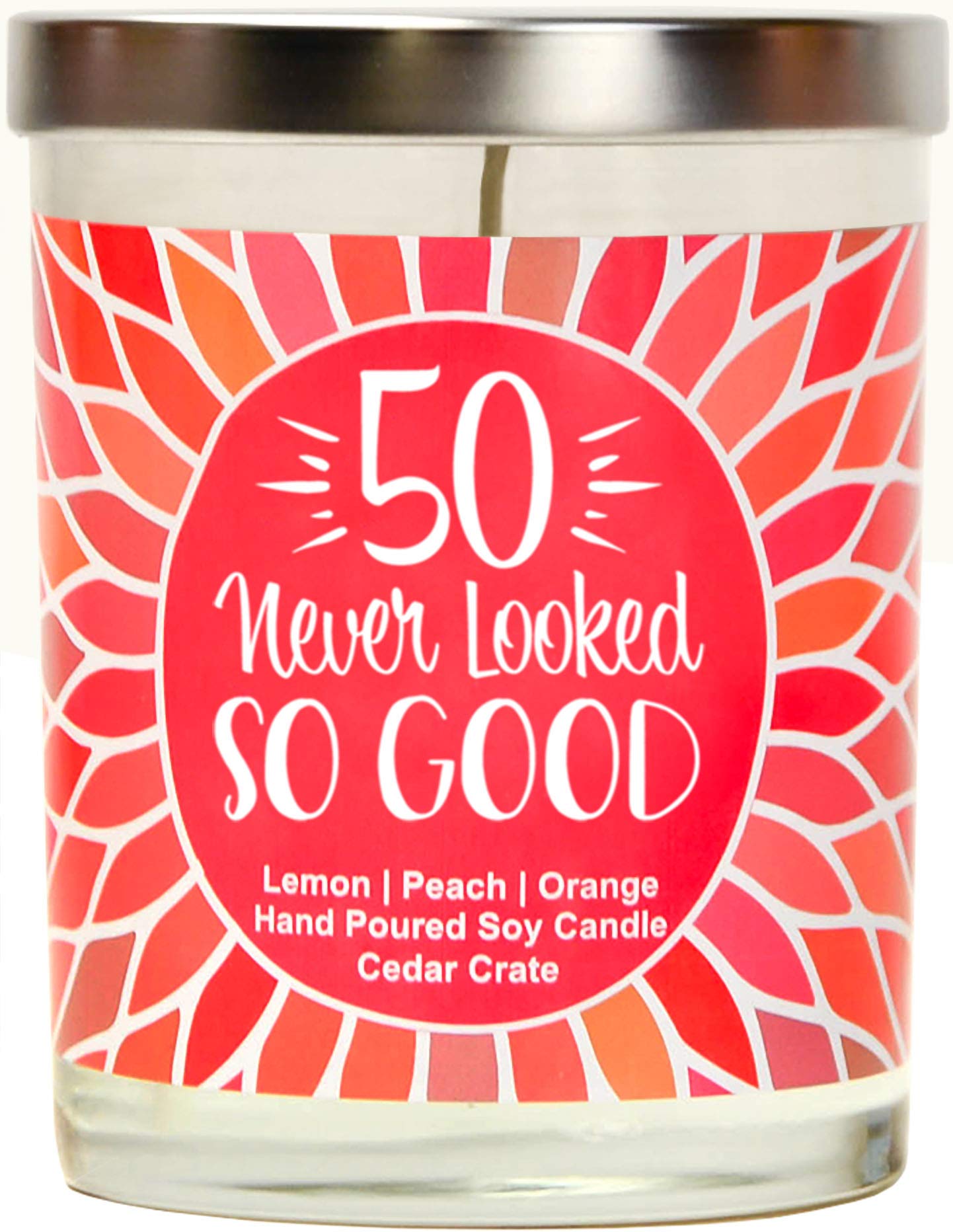 Cedar Crate Market Citrus Peach | Soy Wax Scented Candles"Cheers to 50 Years | Lemon, Peach, Orange | 10 oz Scented Candle. Great Gifts for Friends. Multi