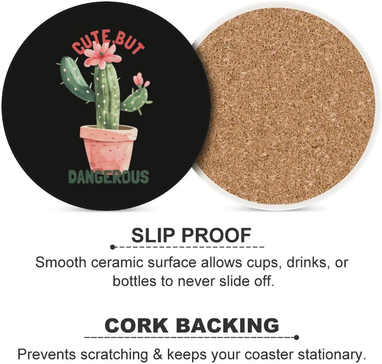 Cute But Dangerous Plants Cactus Round Ceramic Coasters Print Drinks Absorbent with Cork Base for Home Decor Gifts 4 Inch