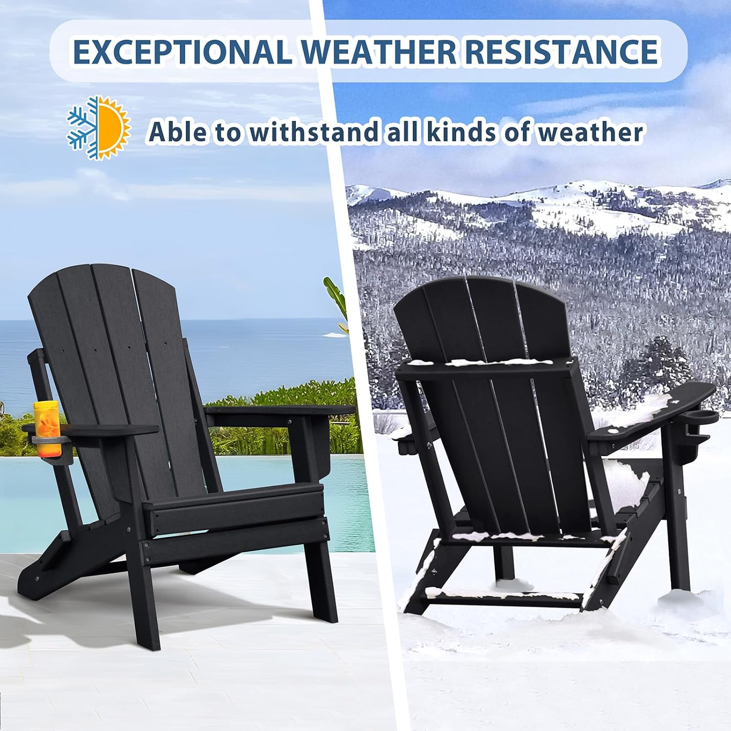 Skypatio 3 Pieces Folding Adirondack Chairs Set, Weather Resistant Adirondack Chairs Set of 2 with Cup Holder, 1 Side Table, 380 lbs Weight Capacity Portable Patio Fire Pit Chairs (Black)