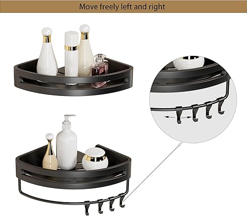 Miniatura 3 de Estantes de ducha, paquete de 2, con 4 ganchos y 1 toallero, organizadores de ducha sin perforación, estante de ducha esquinero de aluminio para