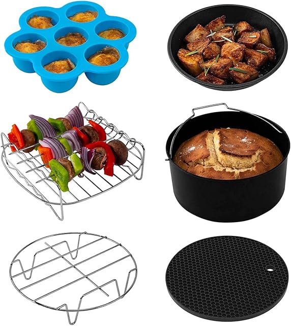 6Pcs Air Fryer Accessories for Ninja Dual Air Fryer, Multi-Layer Dehydrator Rack with 4 Barbecue Sticks, Cake Pan, Pizza Pan, Silicone Mat Double Air Fryer Rack for Double Basket Air Fryers (8 inch)