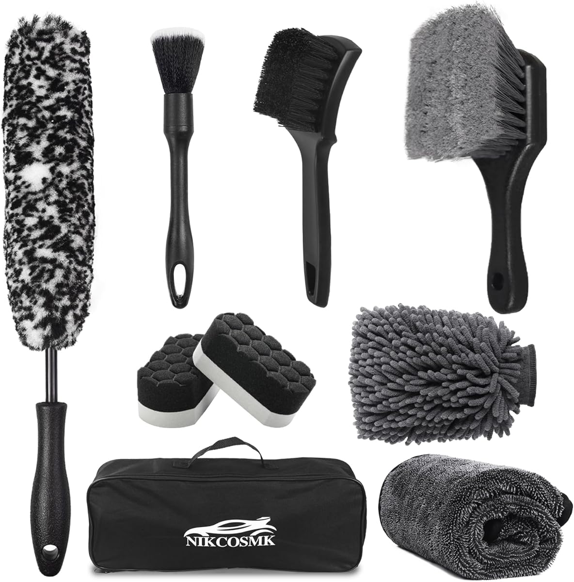 9Pcs Car Wheel & Tire Brush Kit, Wheel Cleaner Brush, Soft-bristled Rim Brush, Car Drying Towel (36"x 24"), Tire Shine Applicator Pad, Car Wash Mitt, Car Detailing Cleaning Wash Brush Supplies Kit : Automotive