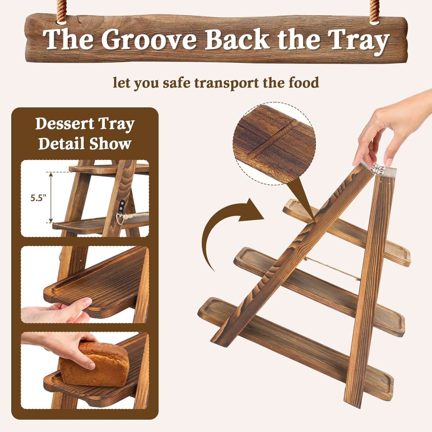 tonchean 3 Tier Serving Tray Wooden Cupcake Stand Rustic Foldable Dessert Table Display Set with Removable Trays, Perfect for Birthday Wedding Party Home Decor