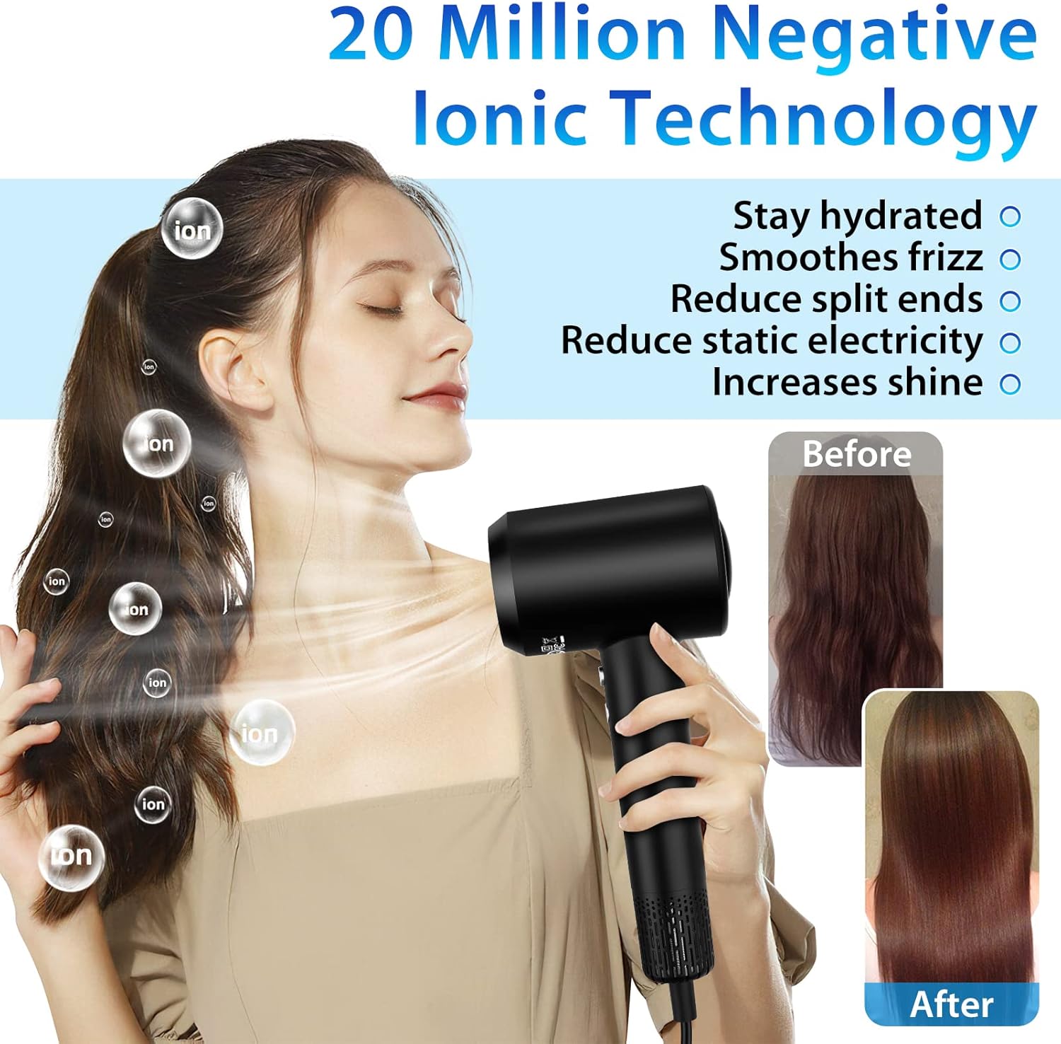 SKANWEN Hair Dryer, Ionic Blow Dryer with Magnetic Nozzle, 110, 000 RPM Brushless Motor Fast Drying, High-Speed Low Noise Hairdryer, Constant Temperature Reduce Frizz, for Travel & Home, Black