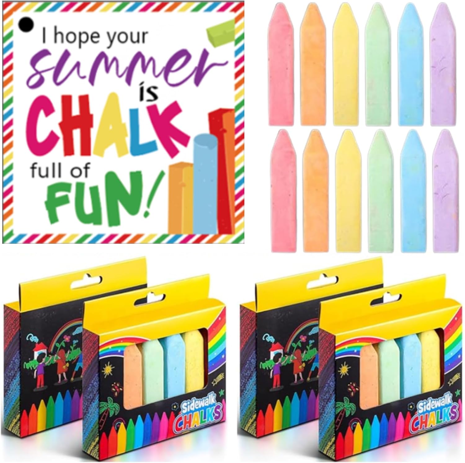 144 Pcs/ 24 Pack Jumbo Sidewalk Chalk Set with 24 Cards End of the Year Gifts Washable Non Toxic Giant Chalk Bulk for Outdoor, Summer Activities, Party Favors & Holiday Gifts