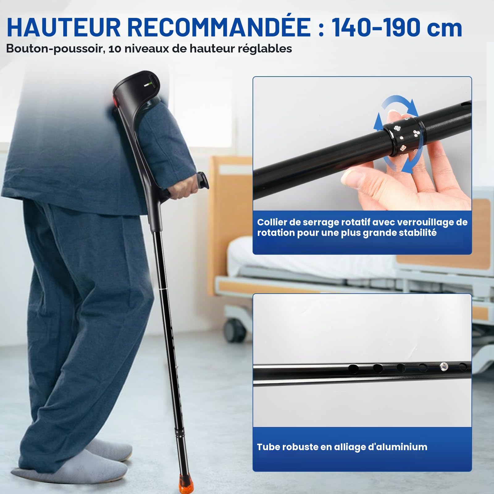 1 paire de béquilles pliantes en alliage d'aluminium, légères et réglables en hauteur, aide à la marche pour adultes, béquille pliable pour avant-bras