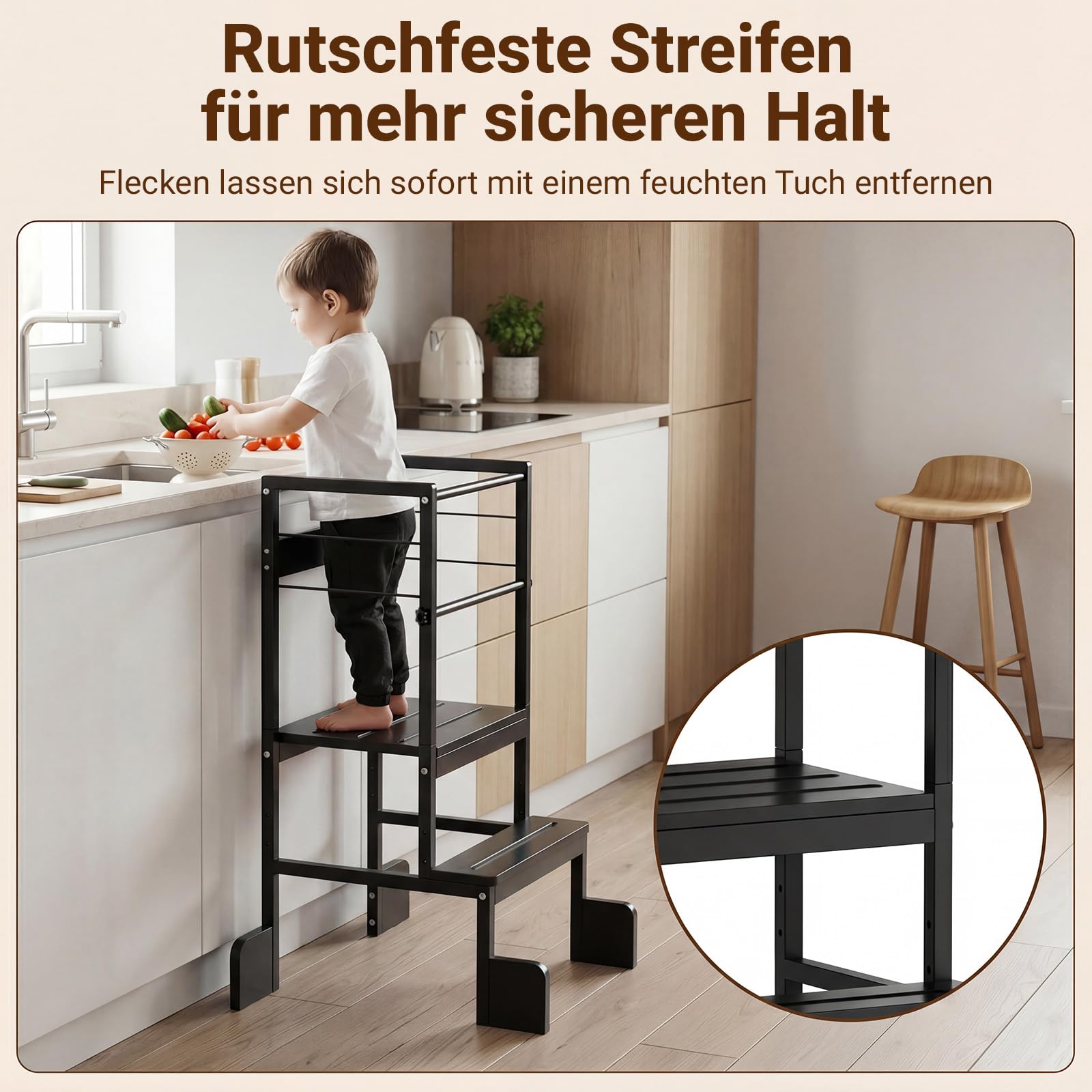 COSYLAND Lernturm ab 1 Jahr Montessori Learning Tower Stahl Stabil, Schwarz | Stabiler Toddler Tower mit 4 Stützfüßen & Rutschschutz. 3-fach höhenverstellbar für Kinder ab 2 Jahren in Küche.
