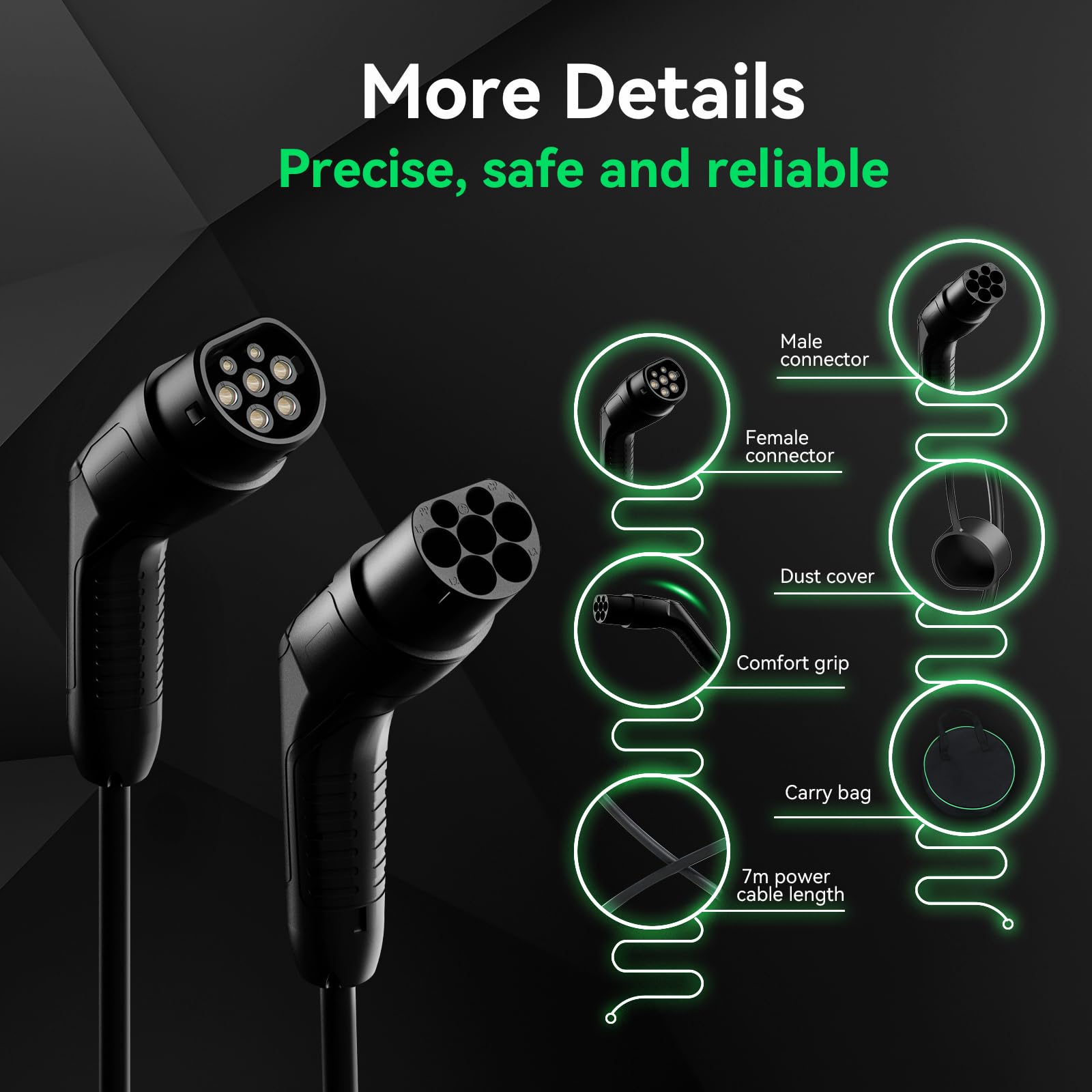 ELECWISH Type 2 Charging Cable, 22KW /32A /3 Phase /7 Meter, Plug-In Fast Ev Charging Cable, Type 2 To Type 2 Car Charging Cable for Electric Vehicles — view 9