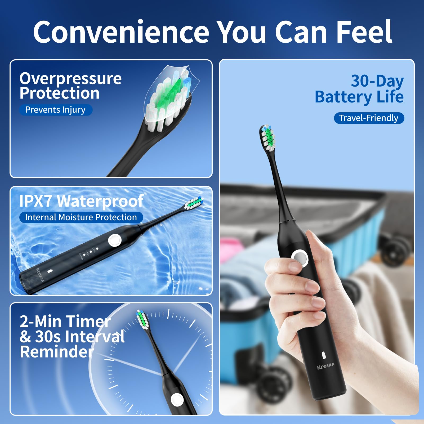 Amazon.com : Sonic Vibrating Toothbrush with Pressure Sensor, Electric  Tooth Brush with 8 Brush Heads, 3 Modes, 33000VPM, 2-Min Timer, One Charge  Lasts for 30 Days, 3D Rounded Soft Bristles, IPX7 Waterproof :