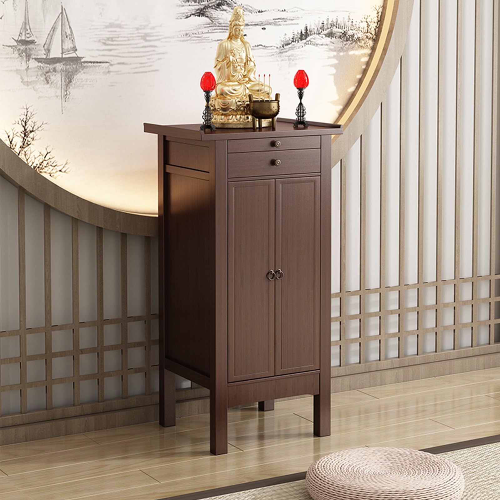 Table d'autel de Bouddha en bois marron, niche décorative et grand socle 50x100cm