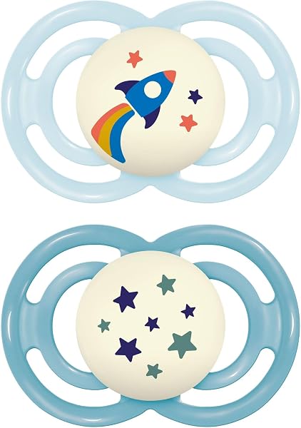 MAM Perfect Night Double Pack 16+ Months Pacifier (Set of 2), MAM 16 36 Months Silicone Glow in the Dark Dummies, Kit of 2, Assorted Colours/Models - 1