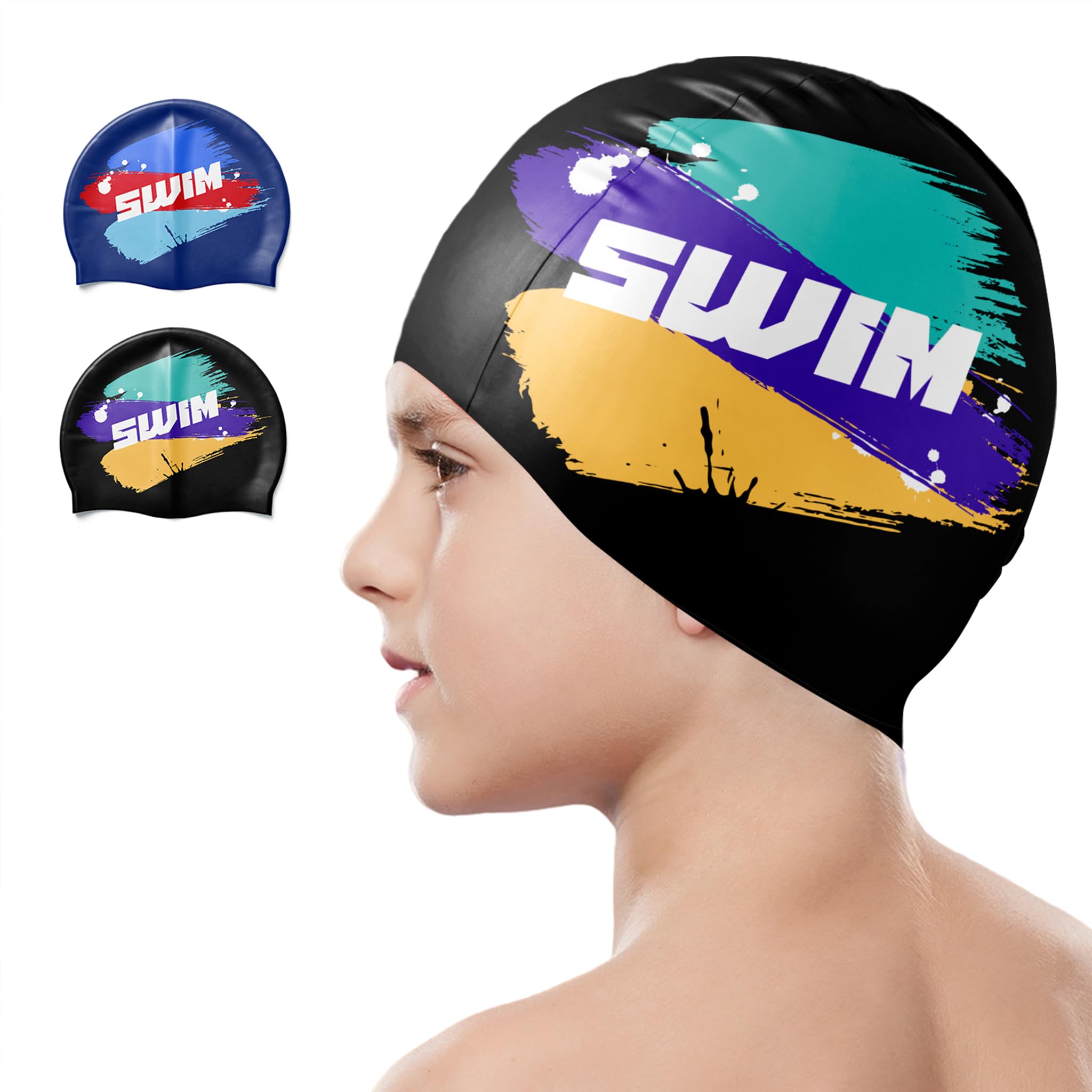 Swim Cap Kids, Durable Waterproof Swimming Cap for Girls Boys Teens Toddler Aged 3-15, Comfortable Fit Kids Swim Cap for Long Hair and Short Hair (2Pcs black graffiti)