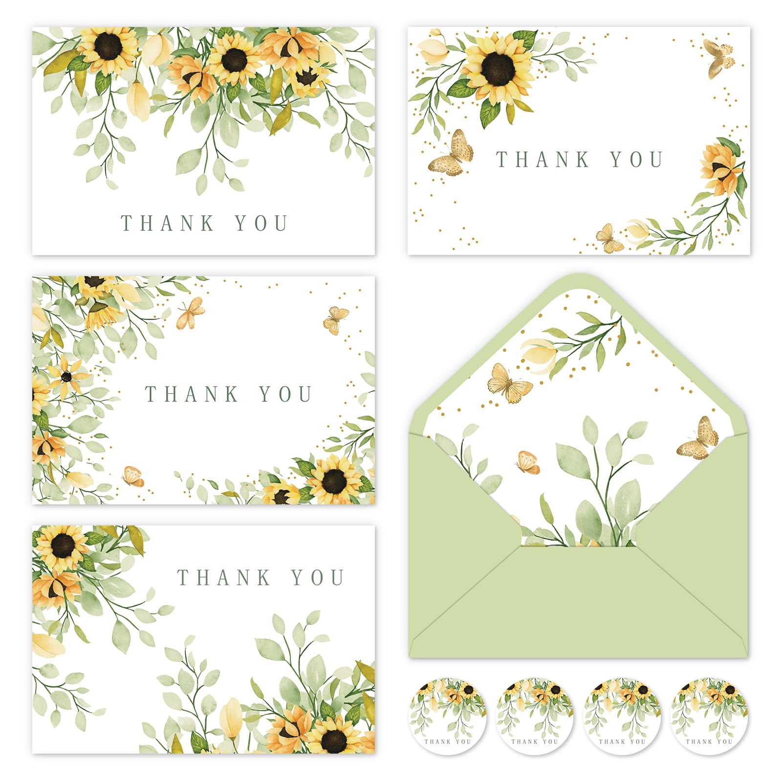 Whaline 40 Pack Sunflower Thank You Cards with Envelopes Stickers Watercolor Floral Greeting Cards Spring Summer Flower Blank Note Cards for Wedding