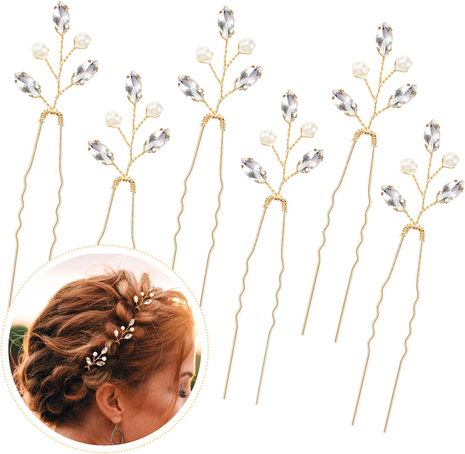 Syhood 6 Pieces Pearl Crystal Bridal Hair Pins Rhinestone Flower Wedding Hair Pins Prom Accessory for Women Wedding Hairstyles(Gold)