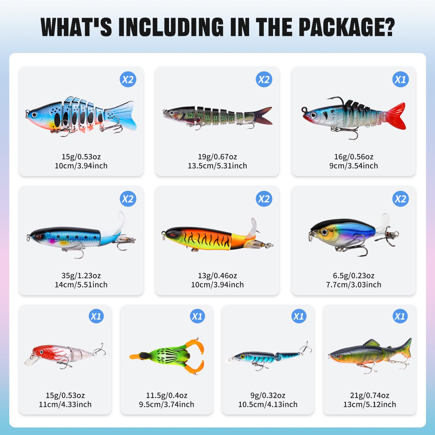 TSKS Kit de 15 señuelos de pesca para lubina, lucio, pez lucio, trucha, lucioperca, trucha, incluye cebos multiarticulados, pato, araña, ranas, peces suaves y con hélice giratoria flotante, tractor,