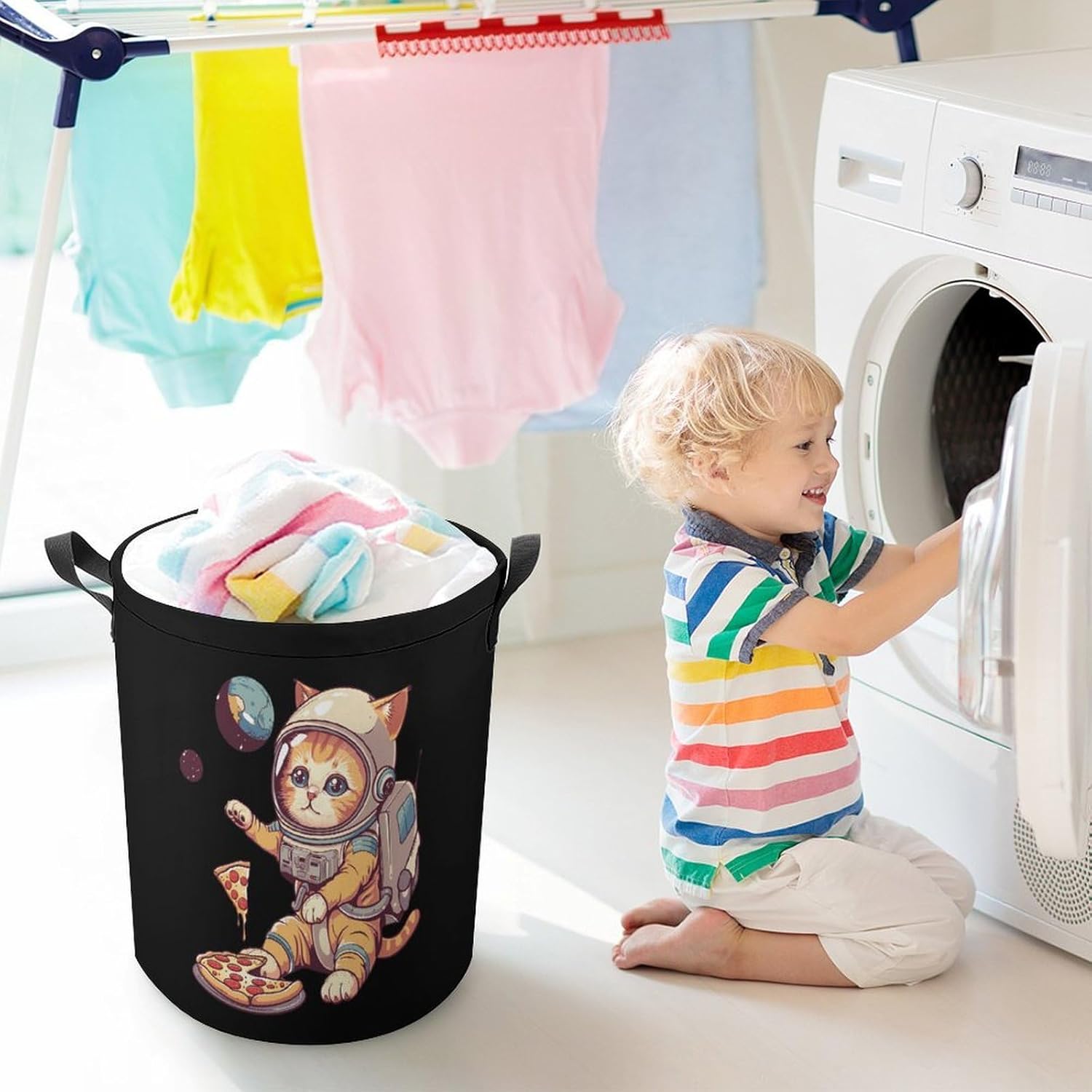 Funny Cat Flying A Pizza Astronaut Laundry Basket Dirty Clothes Hamper Storage Laundry Bag with Handles for Dorm Room 44x35cm