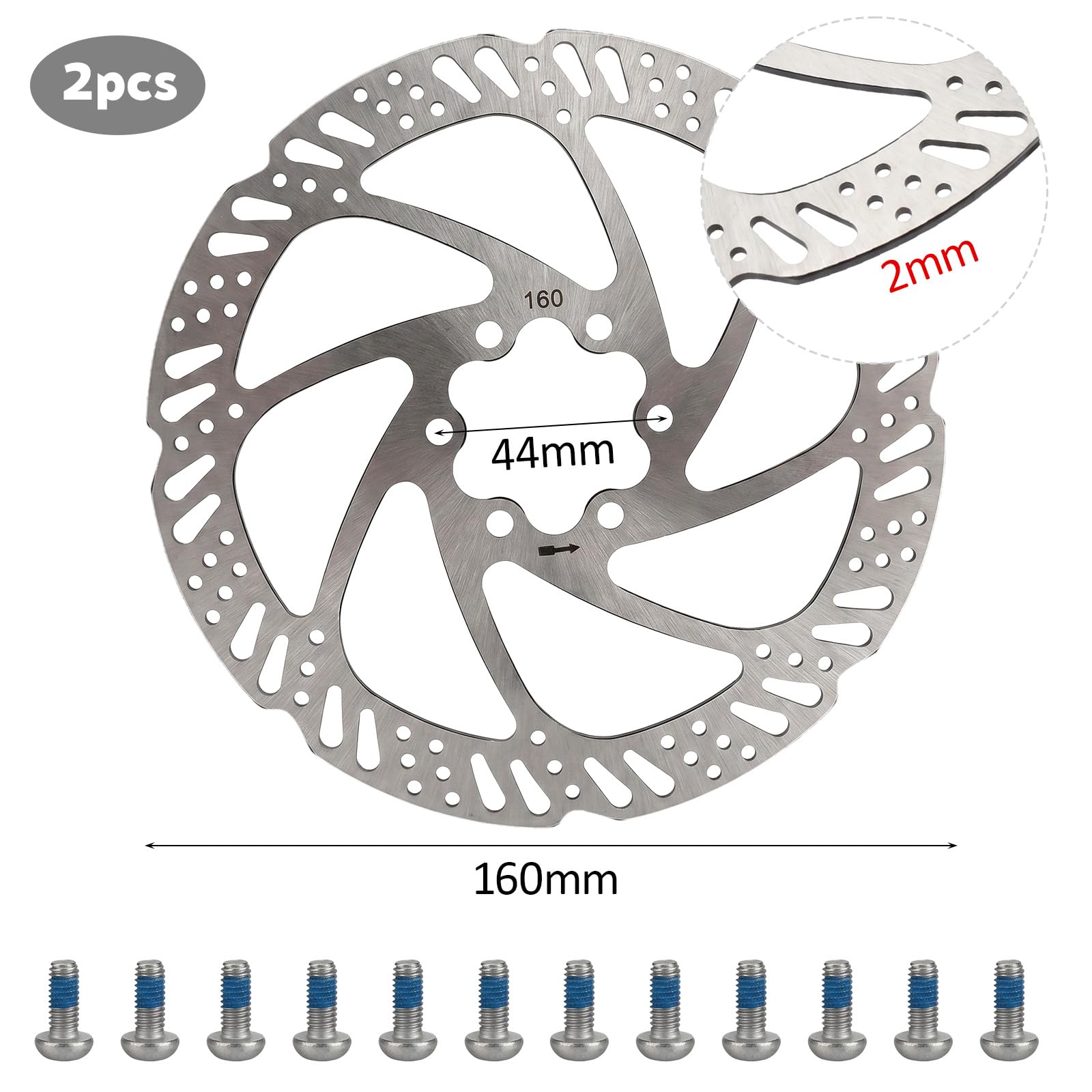 2 dischi freno per bicicletta, 160 mm, in acciaio inox, con viti, per mountain bike, bici da corsa e sostituzione freni a disco