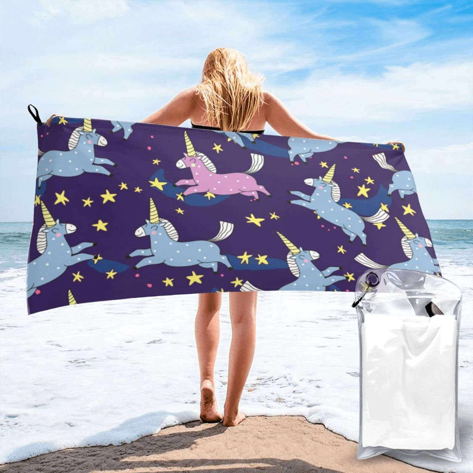 Lawenp Unicorns Microfiber Beach Towel Adults Large Quick Drying Bath Towel Travel Towels with Pouch 31.5"x63"
