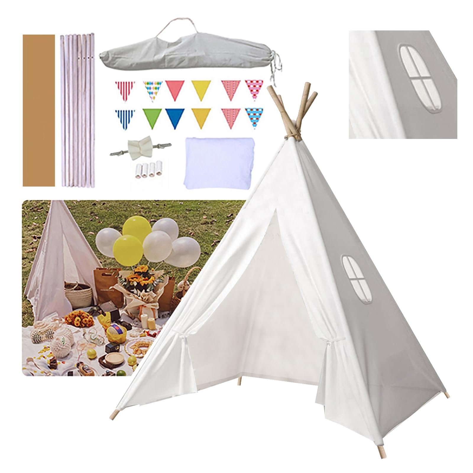 Putentfun Teepee Tent for Kids,Teepee Tent with Bunting Carry Bag,160cm,Foldable Children Play Tent for Girl and Boy,White Canvas Tipi Playhouse Toy for Indoor and Outdoor Games,Garden Beach Wigwam