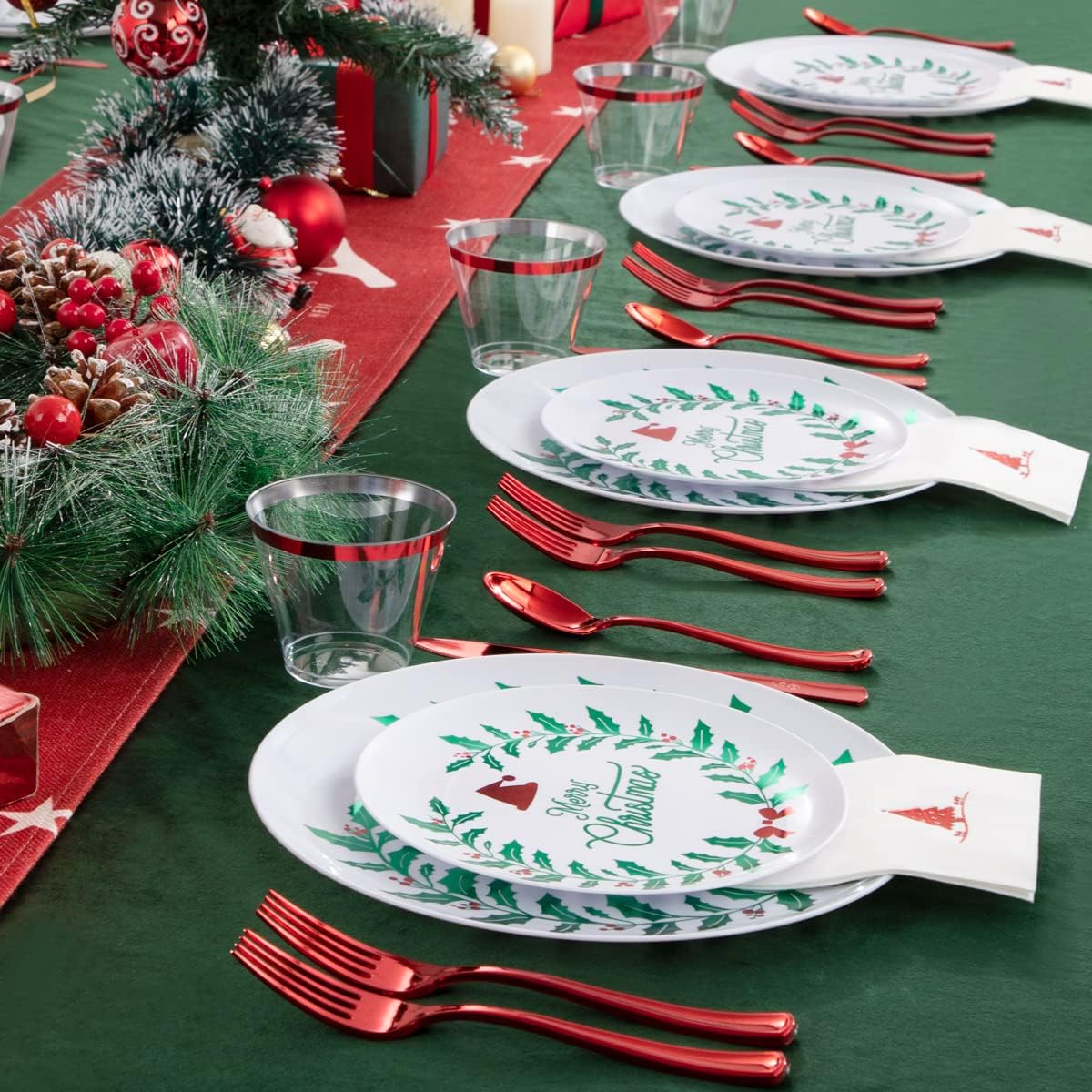 Liacere 175PCS Christmas Plastic Plates - White & Green; Includes 50 Wreath Plates, 25 Red Cutlery, 25 Cups, 25 Tree Napkins