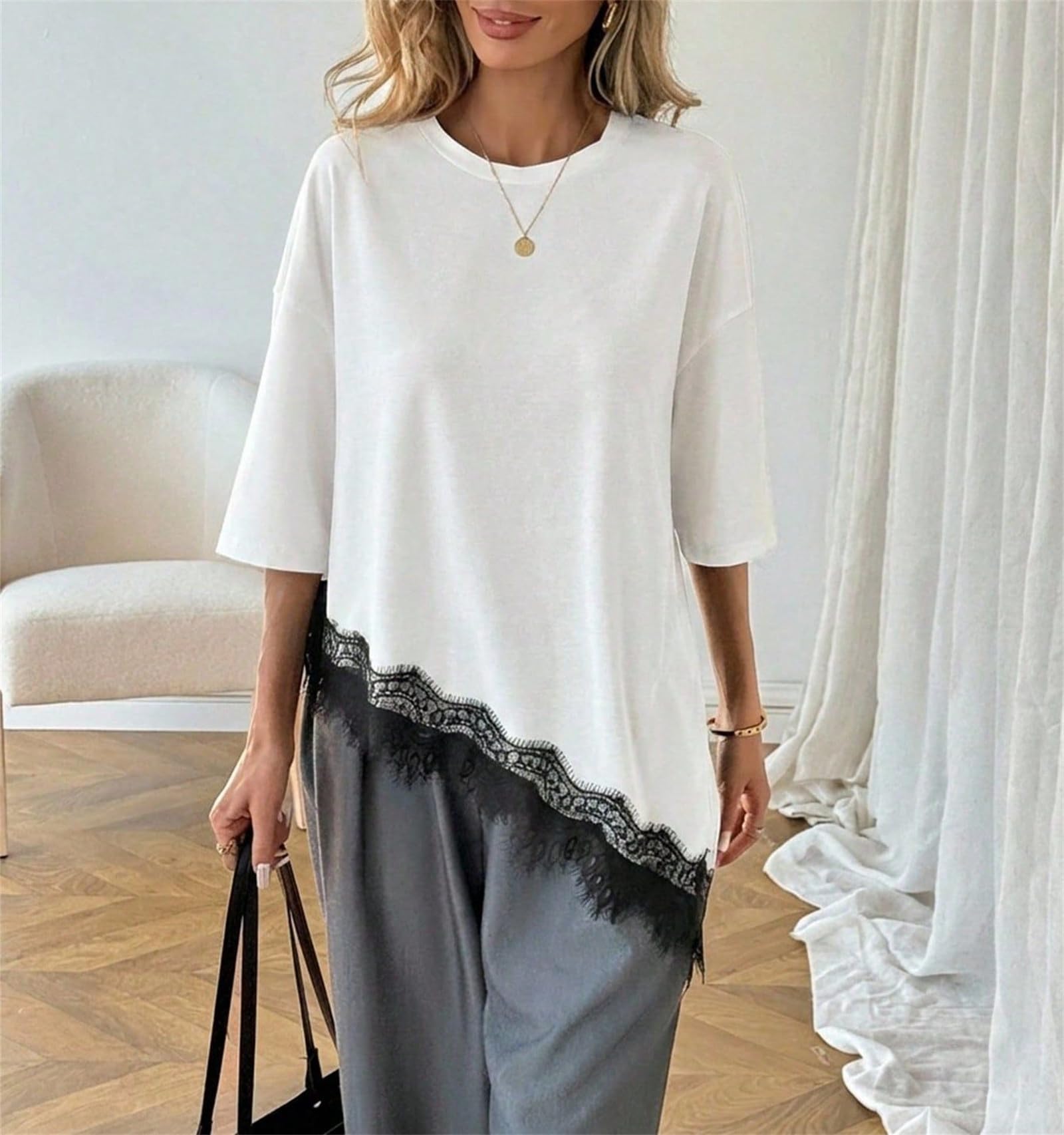 Blusa de Mujer con Dobladillo de Encaje, Corte Holgado, Manga Corta, Estilo Casual, Ideal para el Verano. Camiseta asimétrica con Encaje y Detalles de Encaje