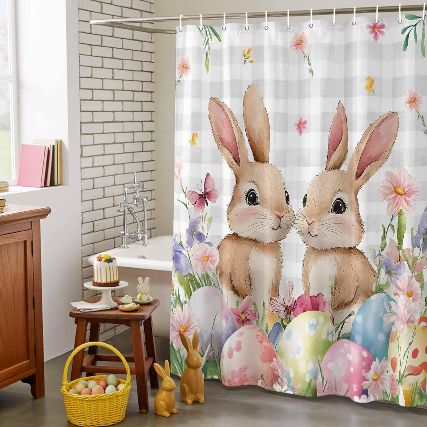 LooPoP Easter Shower Curtain Bunny Eggs Bathroom Curtains with Hooks, Waterproof Polyester Fabric Spring Flower Rabbit Grey Plaid Shower Curtains Set for Bathroom Bathtubs Spring Decor 72x96 Inch