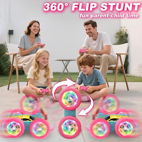 Miniatura 5 de Auto de control remoto, autos RC para niñas, auto de acrobacias 4WD de doble cara con luces RGB y giros de 360, baterías modulares USB-C, juguetes