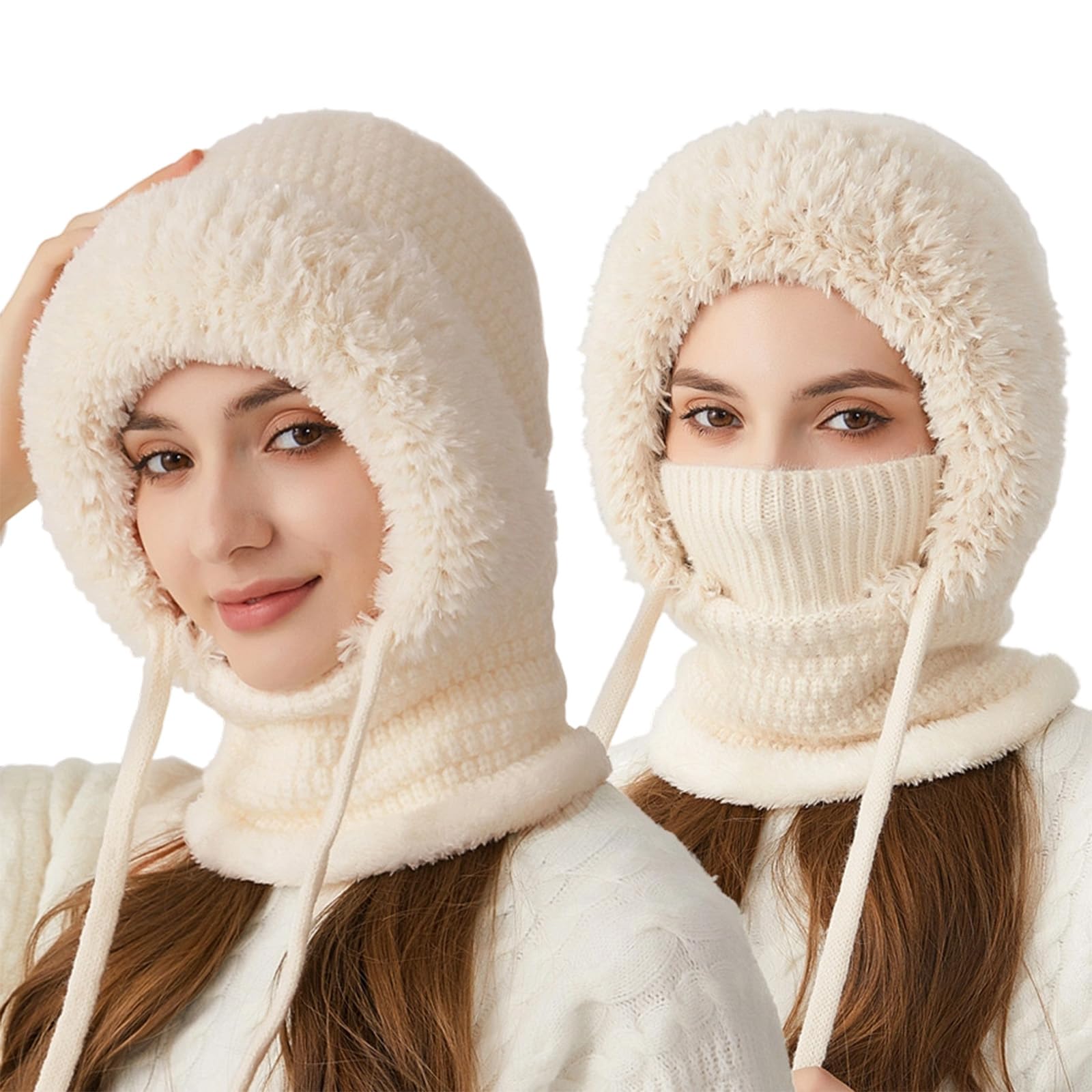 3 in 1 Beanie Hat with Scarf and Mask for Women, Warm Knitted Winter Balaclava Hood for Skiing, Hiking