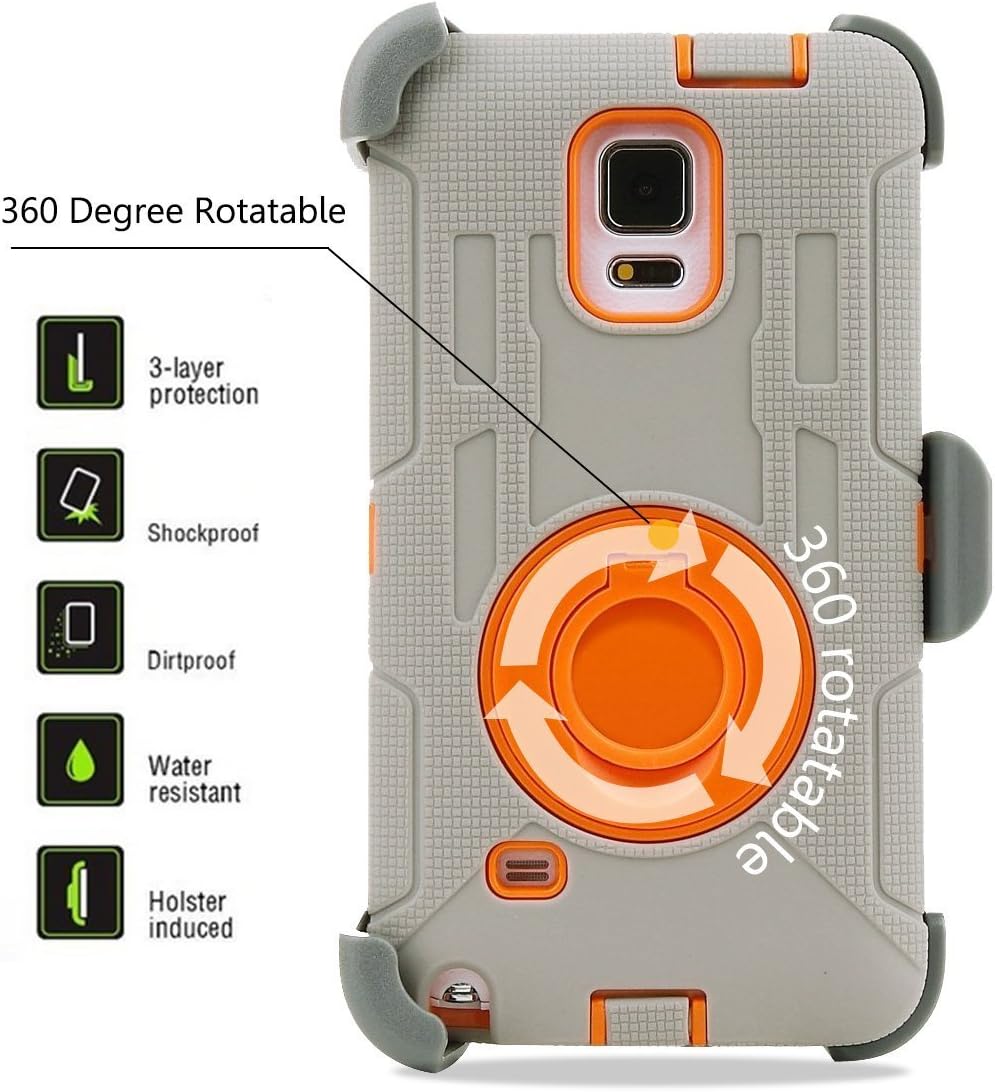 ULAK Note 4 Case, Galaxy Note 4 Case, Knox Armor Heavy Duty Shockproof Protection Hybrid Rugged for Samsung Galaxy Note 4 Case Built-in Rotating Kickstand Belt Swivel Clip Holster(Orange + Gray)