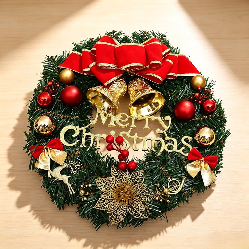 Falafoty 40cm Christmas Wreath for Front Door, Artificial Xmas Wreath with Velvet Bow Golden Bells Red Balls Berries, Merry Christmas Sign Wreath for Window Fireplace Wall Holiday Home Party Decor