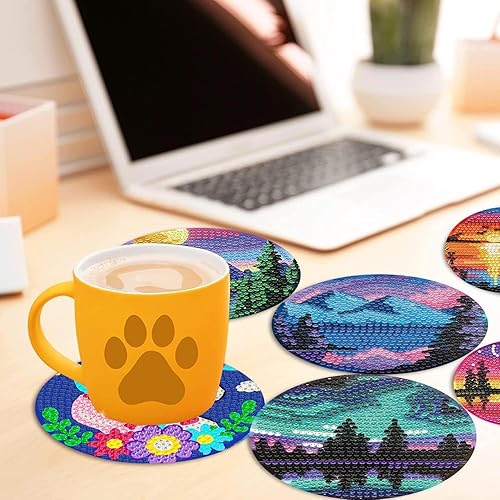 Miniatura 5 de eniref Juego de 8 posavasos de pintura de diamantes con soporte, kit de arte de diamantes de imitación de bricolaje para adultos y niños,